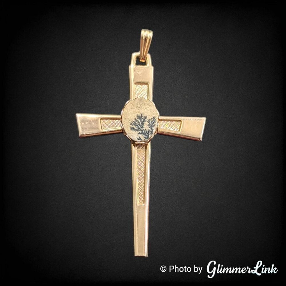 Vintage Psilomelane Dendrite Religious Unisex Gold Tone Cross Pendant